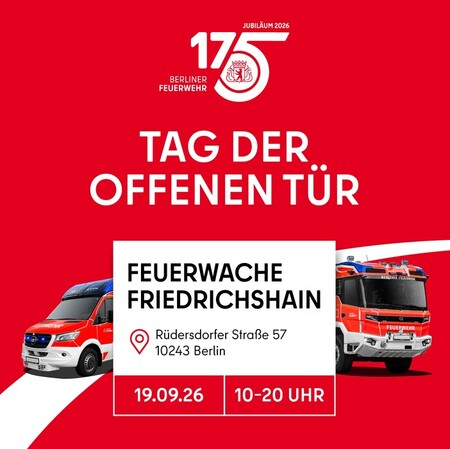 Plakat zum Tag der offenen Tür in der Feuerwache Friedrichshain Berlin 2026 am 19. September 2026